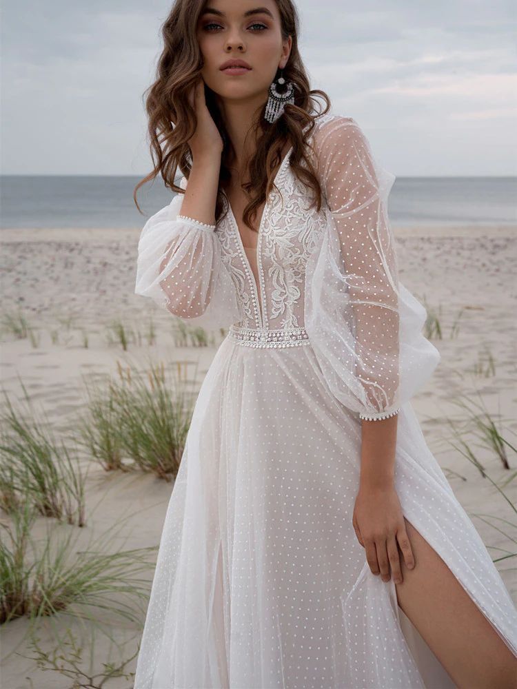 Mesh Slit Wedding Dress Boho Design