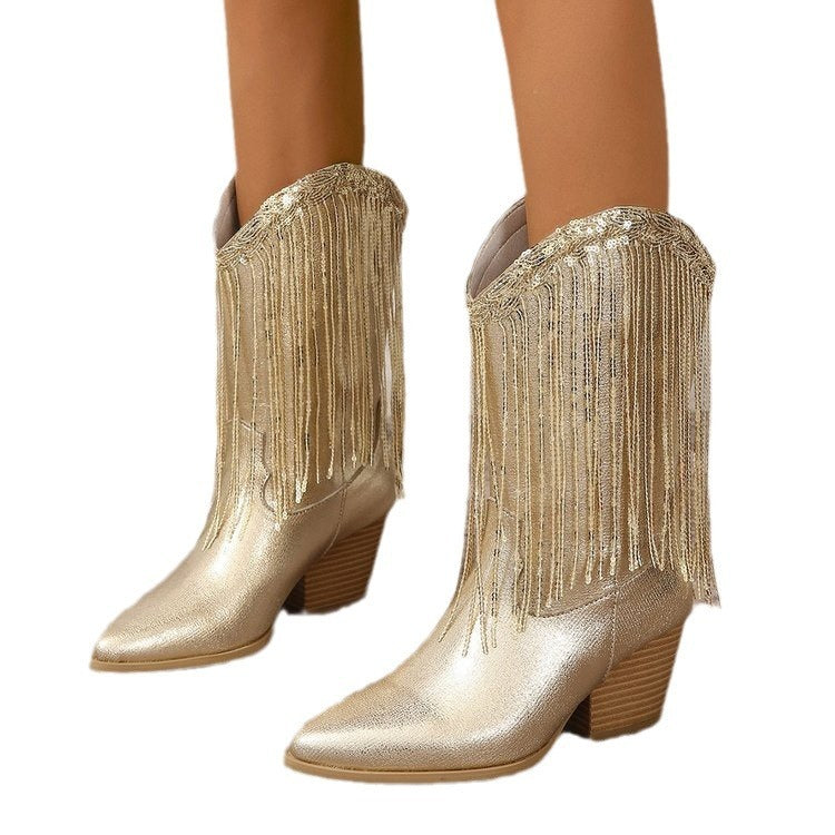 Metallic Fringed Cowboy Boots for Women