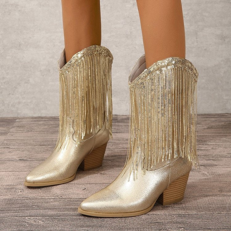 gold Metallic Fringed Cowboy Boots for Women