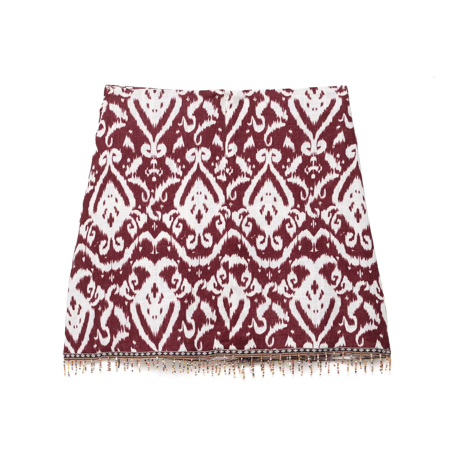 Printed Bohemian Tassel Mini Wrap Skirt in Red and White