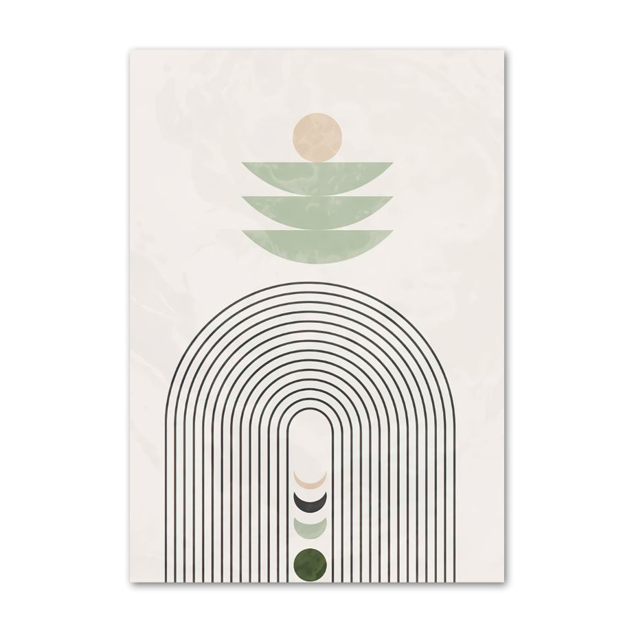 Abstract design with arch, circles, and lines on a white background