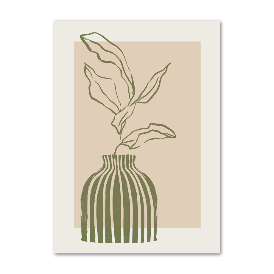 Art print with a green vase and leaves on a beige background