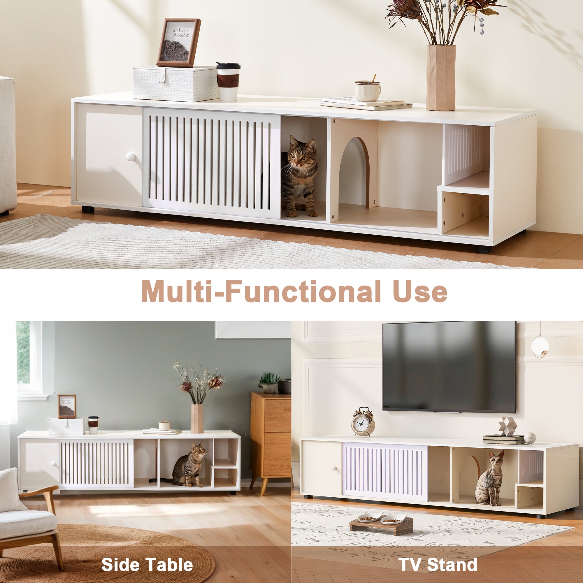 Modern Cream White TV Stand With Storage - Cat Litter Box Enclosure With Sliding Door