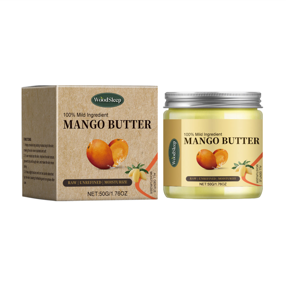 Mango butter jar and packaging with 'WoodSleep' branding on a white background