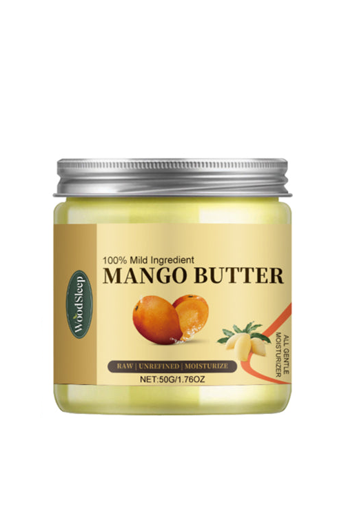 Jar of mango butter with a white background