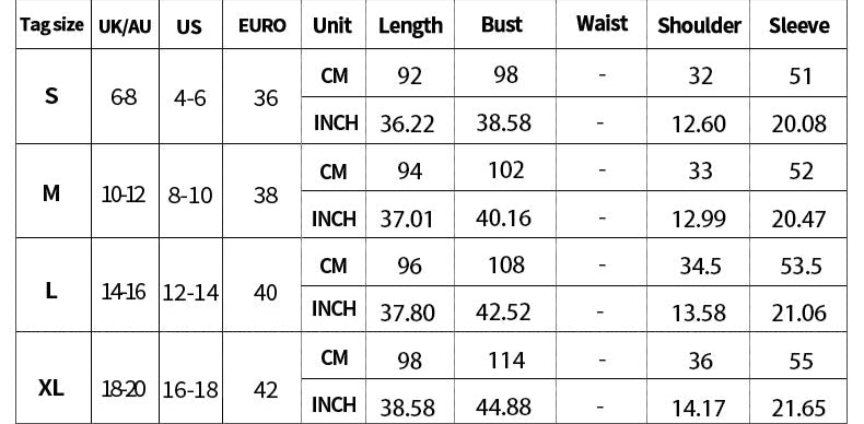 Size chart for clothing with measurements in centimeters and inches.