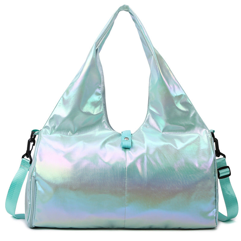 Holographic handbag with a strap on a white background