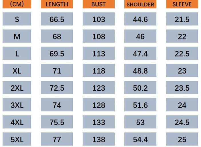 Size chart with measurements for clothing in centimeters