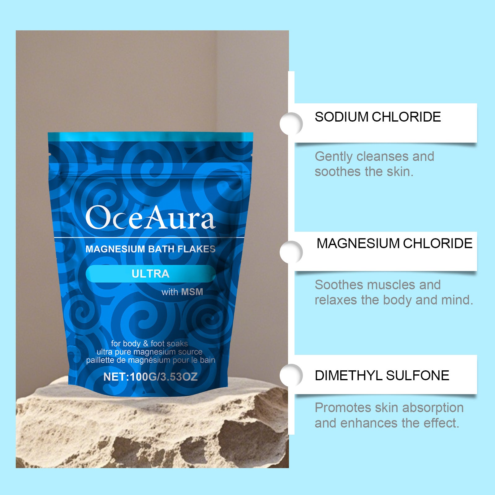 OceAura magnesium bath flakes packaging with product details on a light blue background