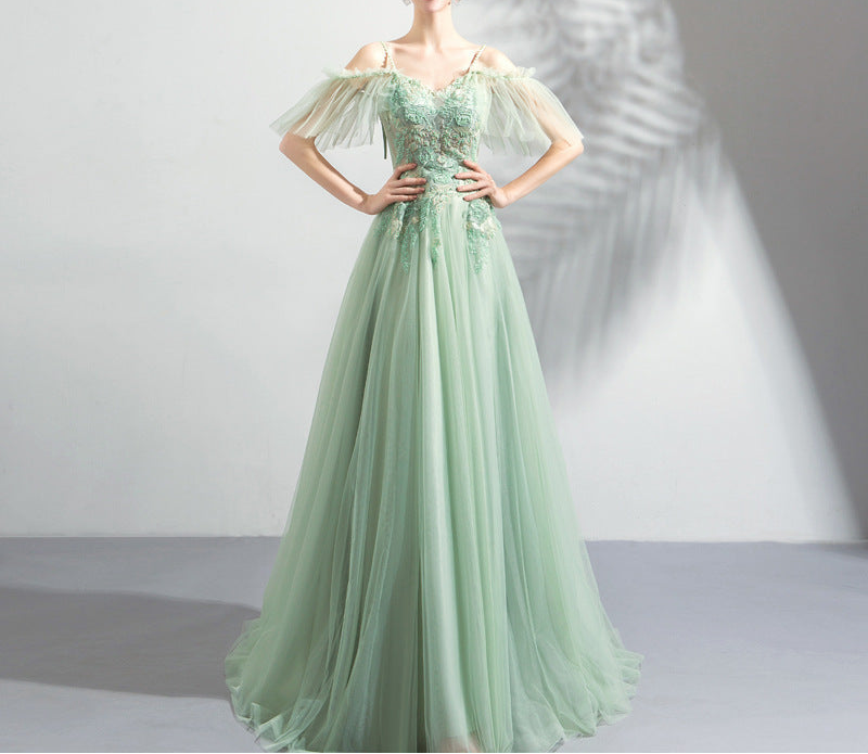 Off-Shoulder Pastel Mint Green Formal Tulle Gown