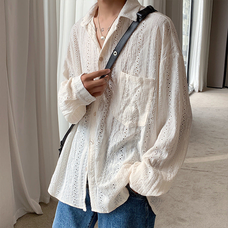 beige Off White Boho Long Sleeve Shirt for Men