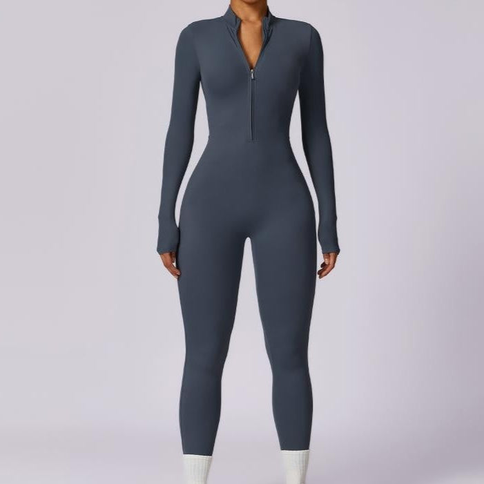 Yoga One Piece Jumpsuit with Zipper V-Neck Design