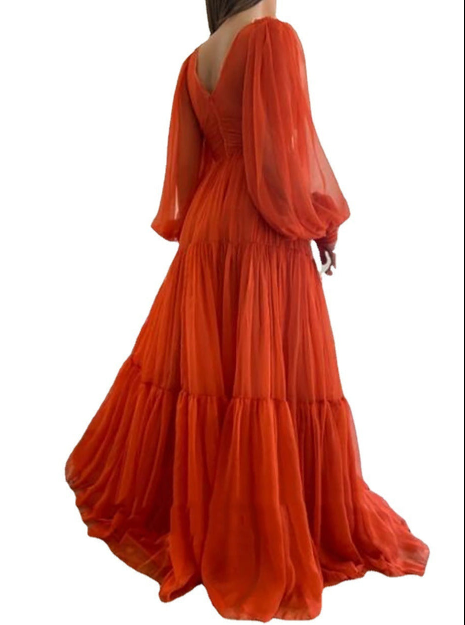 Orange V-Neck Maxi Formal Dress A-Line Tulle