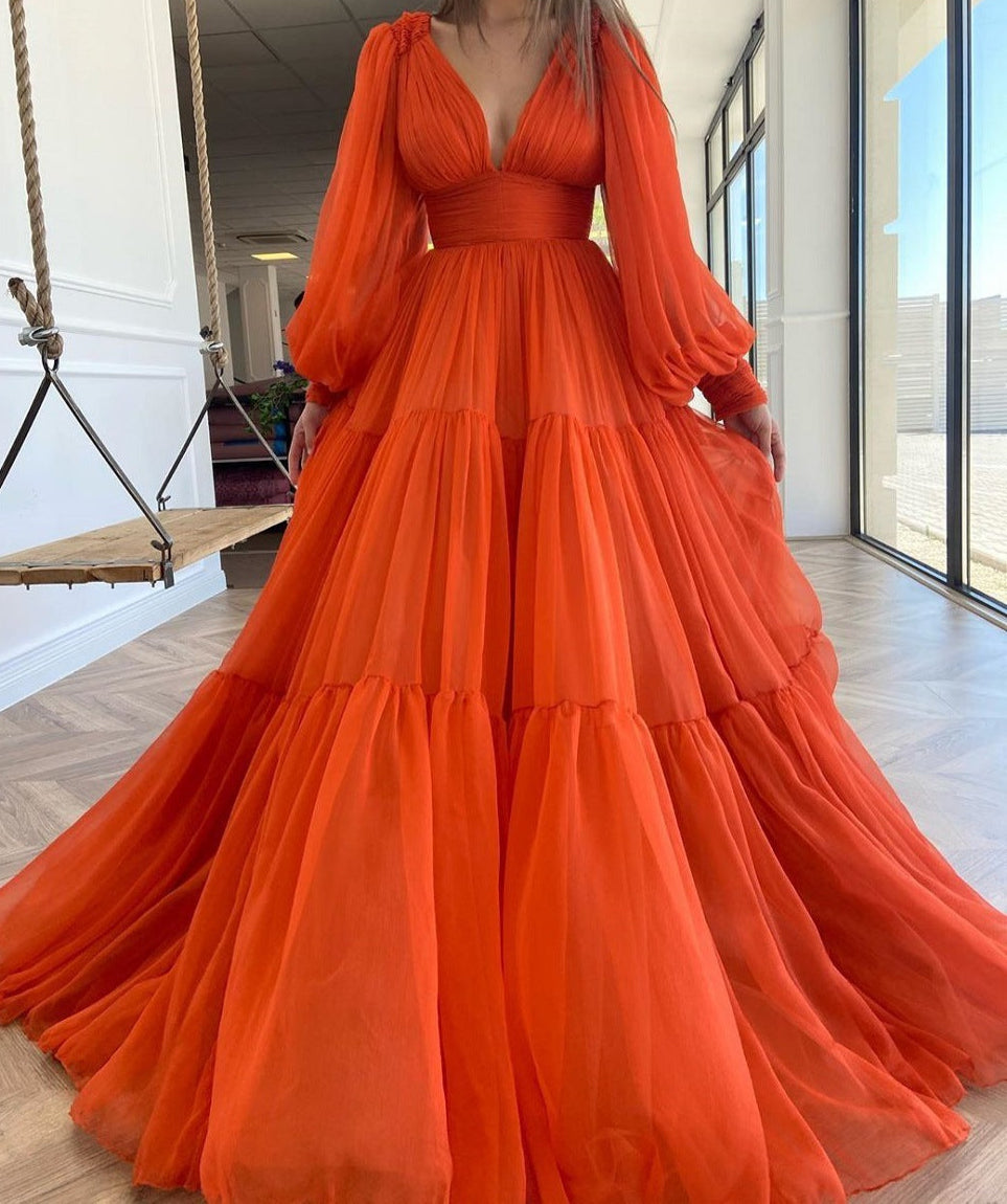 Orange V-Neck Maxi Formal Dress A-Line Tulle