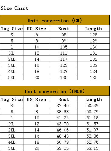 Size chart for clothing with US size, bust, and length measurements in both centimeters and inches.