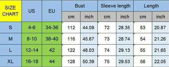 Size chart for clothing with measurements in US and EU, including chest circumference, bust, sleeve length, and length.