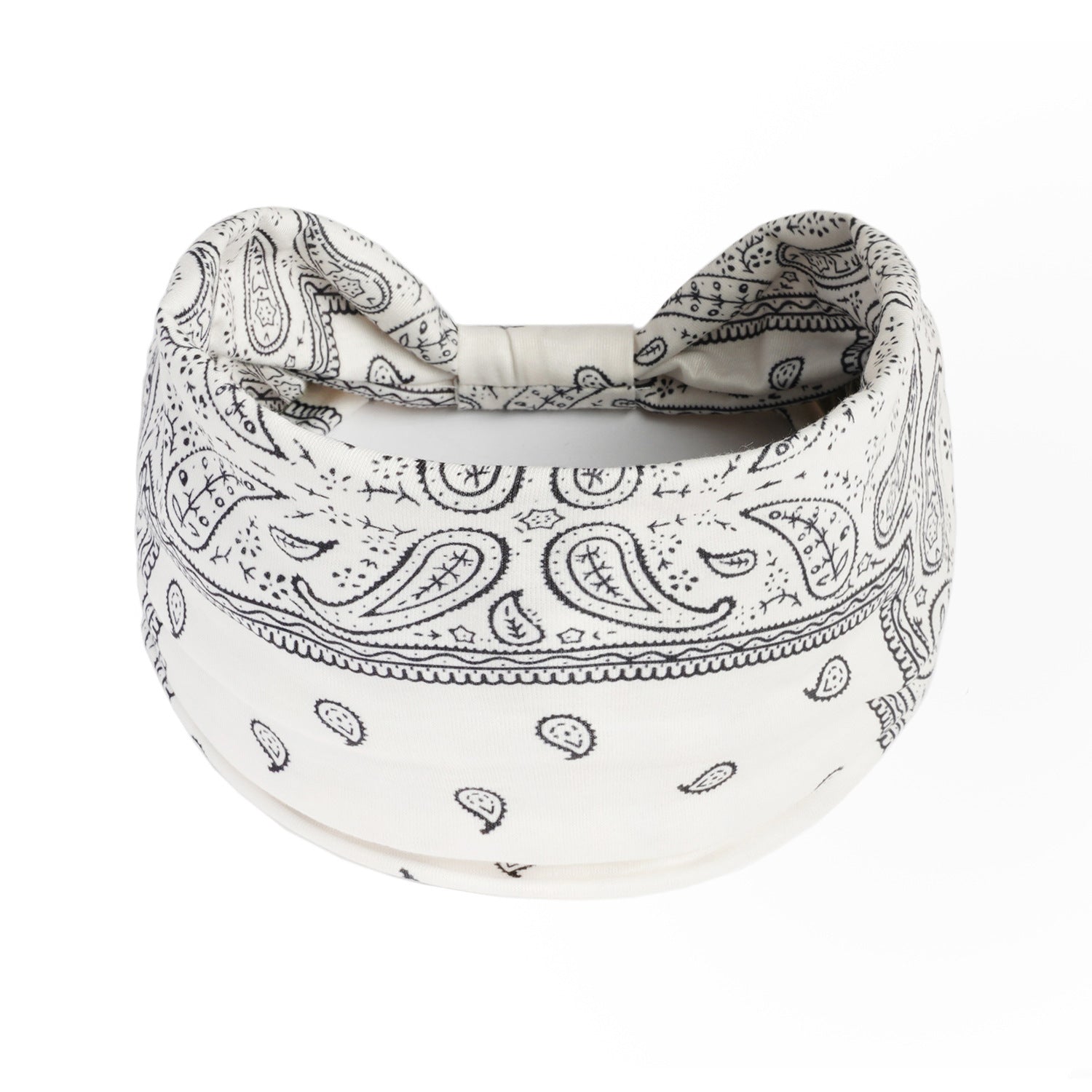 White bandana with black paisley pattern on a white background