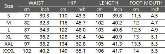 Product parameters table for size information with waist, hip, length, and foot mouth dimensions.
