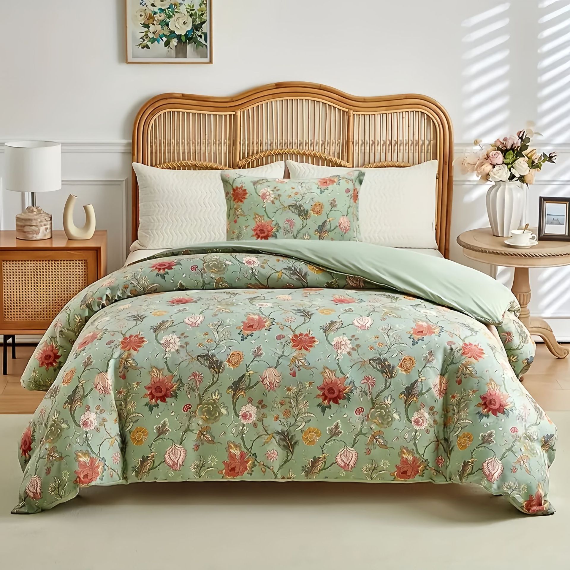 Pastel Green Floral Duvet Cover and Bed Sheet with Pillowcases Set