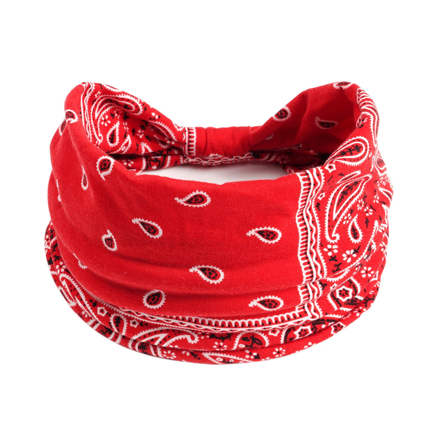 Red bandana with white paisley pattern on a white background