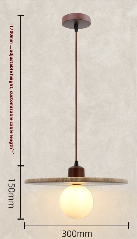 Pendant light with dimensions and specifications on a beige background
