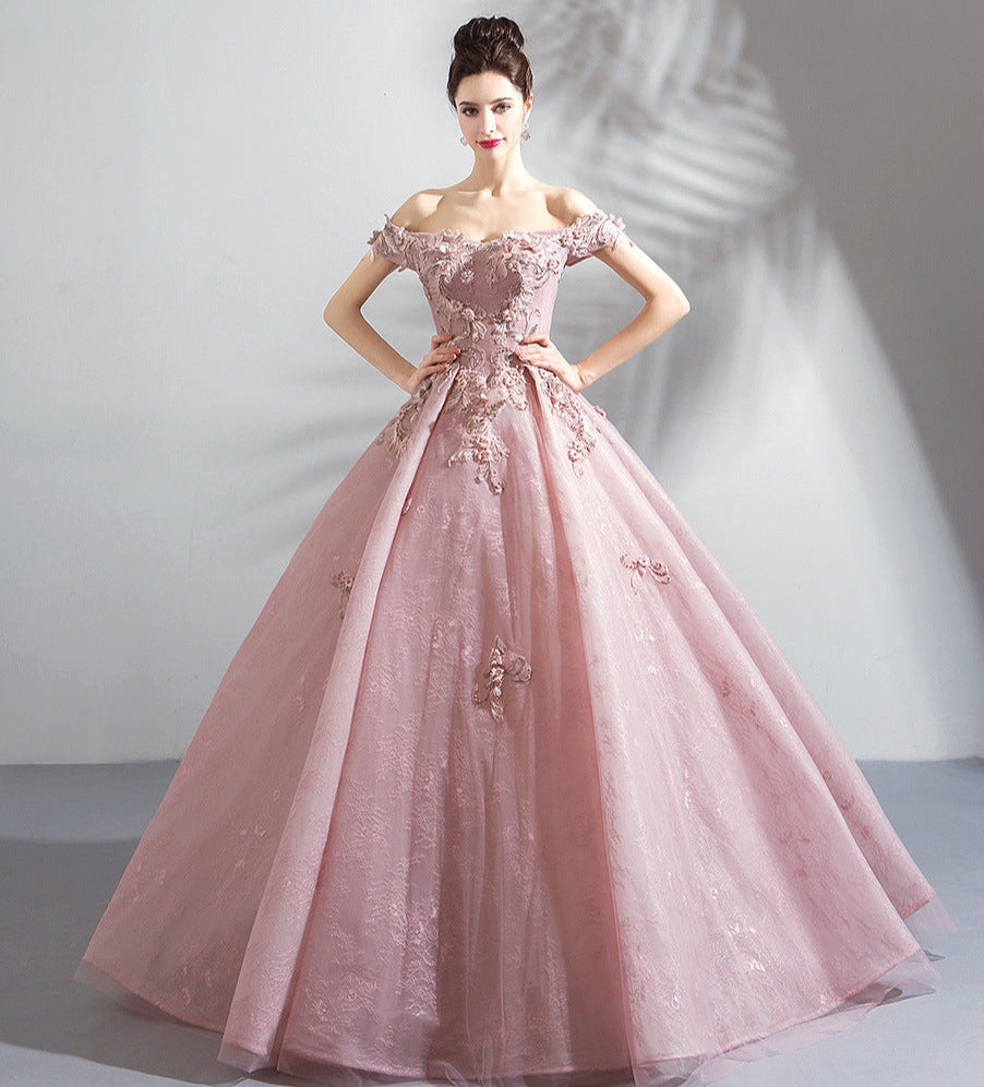 Pink Floral Bohemian Ball Gown Wedding Dress