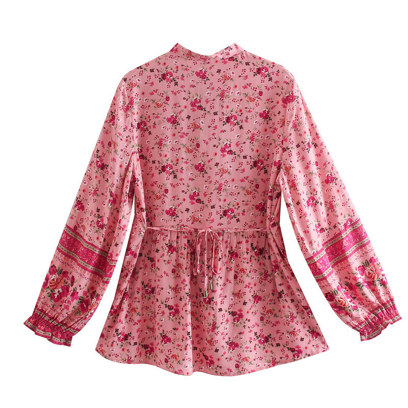 Pink Floral Long Sleeve Blouse Bohemian Style