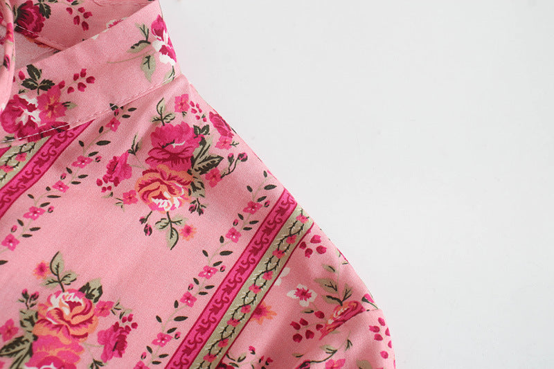 Pink Floral Long Sleeve Blouse Bohemian Style