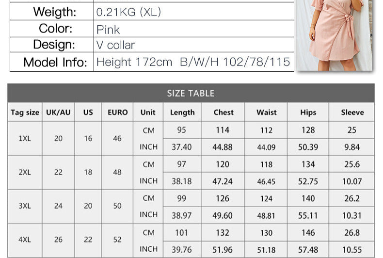 Product information card for a pink dress with size chart and model image.