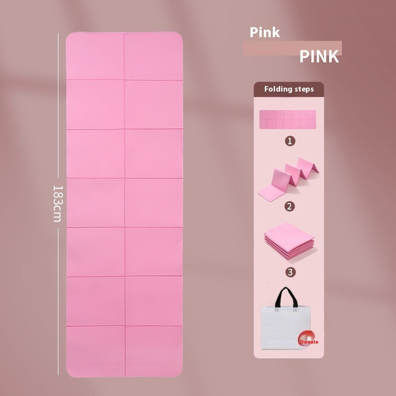 Pink yoga mat with folding instructions and dimensions on a pink background