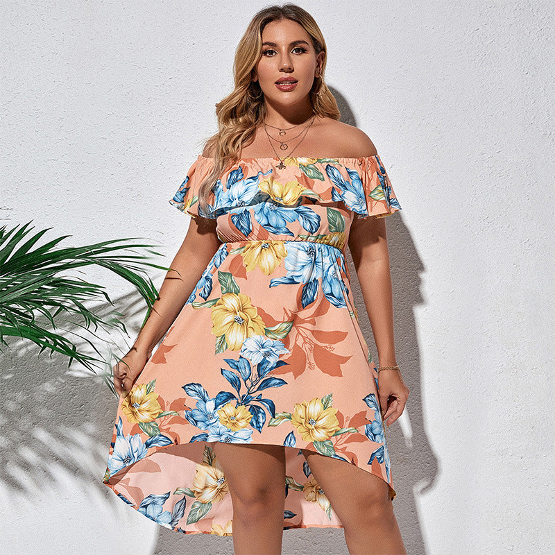 Woman wearing a floral off-shoulder dress against a white background