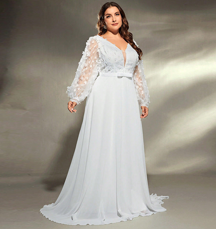 Plus Size Belted Wedding Dress with Long Sheer Sleeves