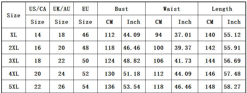 Size chart for clothing with measurements in US/CA, UK/AU, and EU.