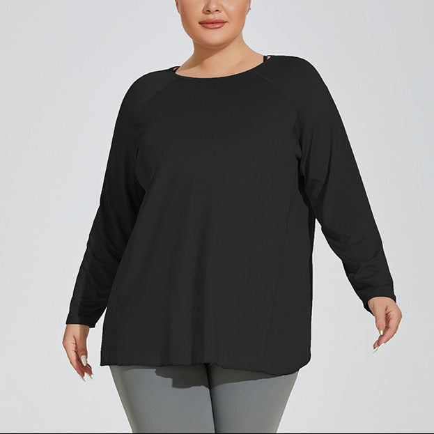 black Plus Size Long Sleeve Yoga Top for Women - Oversized Design