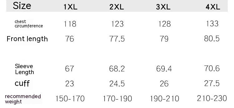 Size chart for clothing with measurements in inches and milligrams.