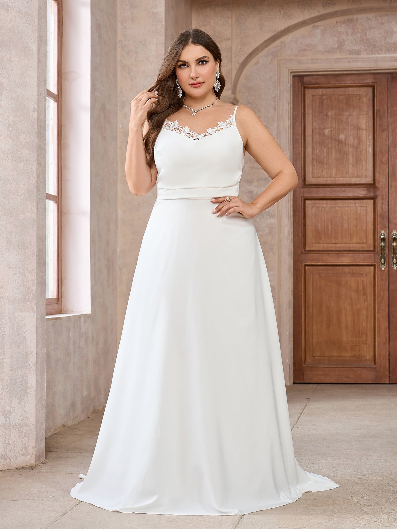 Plus Size Simple Modest Strapless Maxi Wedding Dress with Floral Lace and Open Back