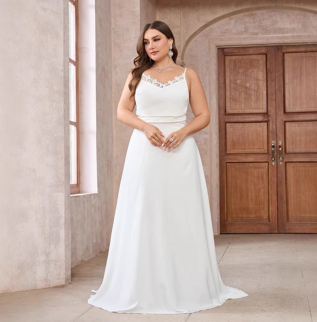 Plus Size Simple Modest Strapless Maxi Wedding Dress with Floral Lace and Open Back