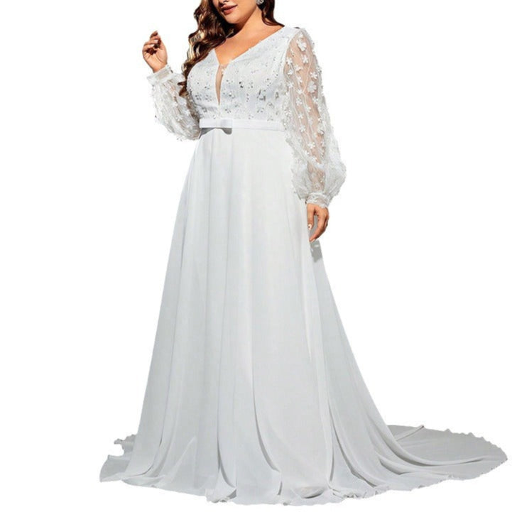 Plus Size Belted Wedding Dress with Long Sheer Sleeves