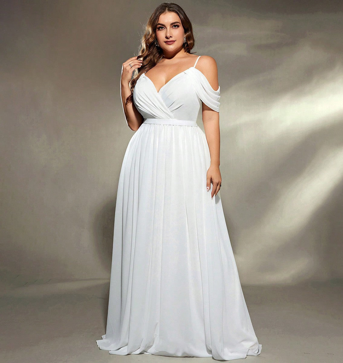 Plus Size White Elegant Off Shoulder Wedding Dress with V-Neck