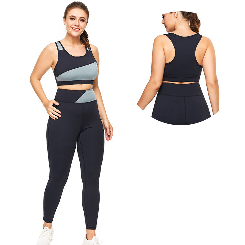 Woman wearing a black and gray athletic outfit with leggings, front and back views.