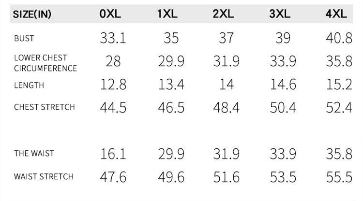 Measurement chart for clothing sizes 0XL to 4XL with various dimensions.