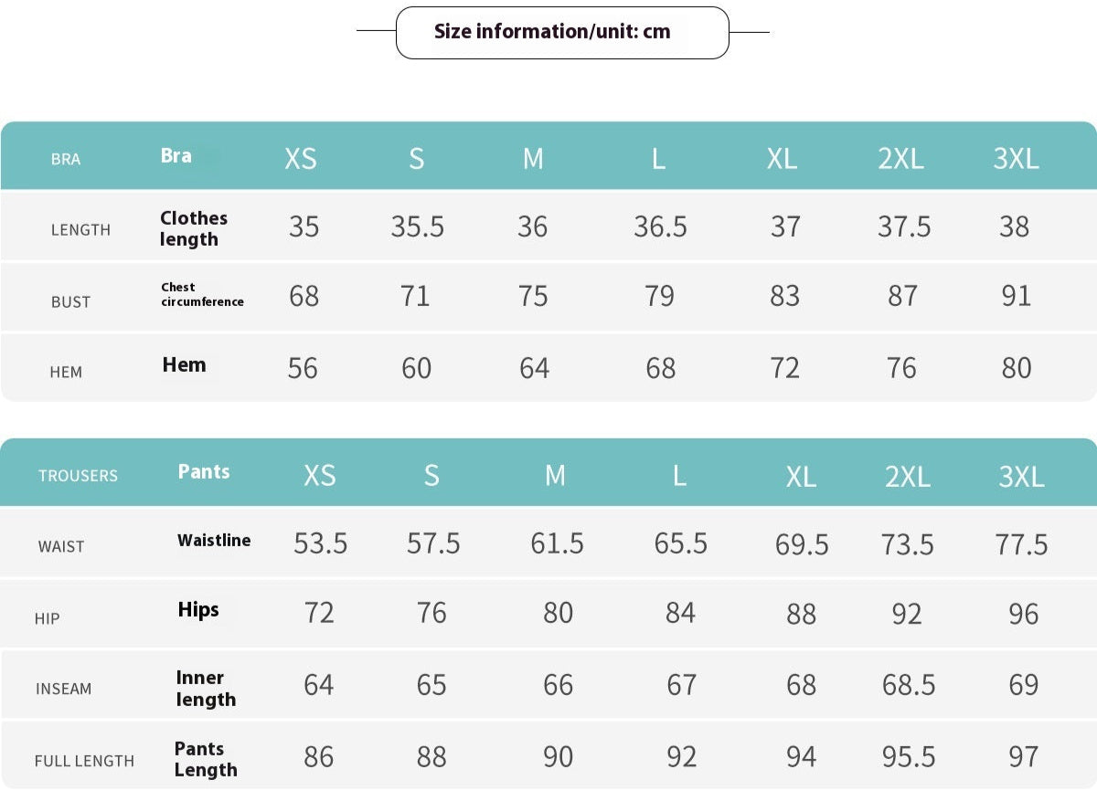 Size chart for clothing measurements in centimeters