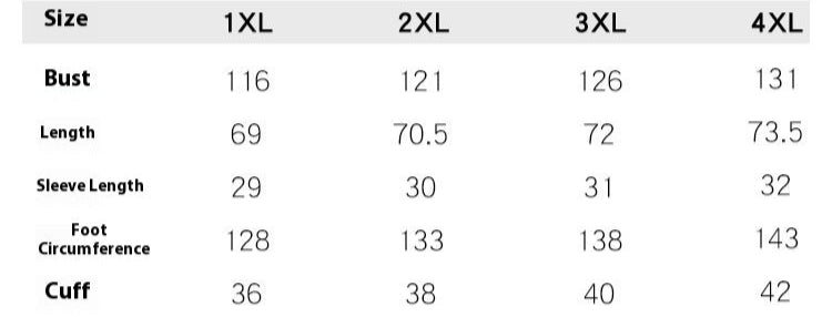 Product label with size chart and washing instructions for a plus-size garment.