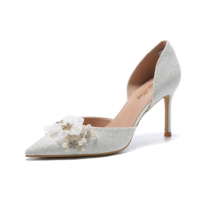 Pointed Toe Beaded Flower Stiletto Wedding Heels