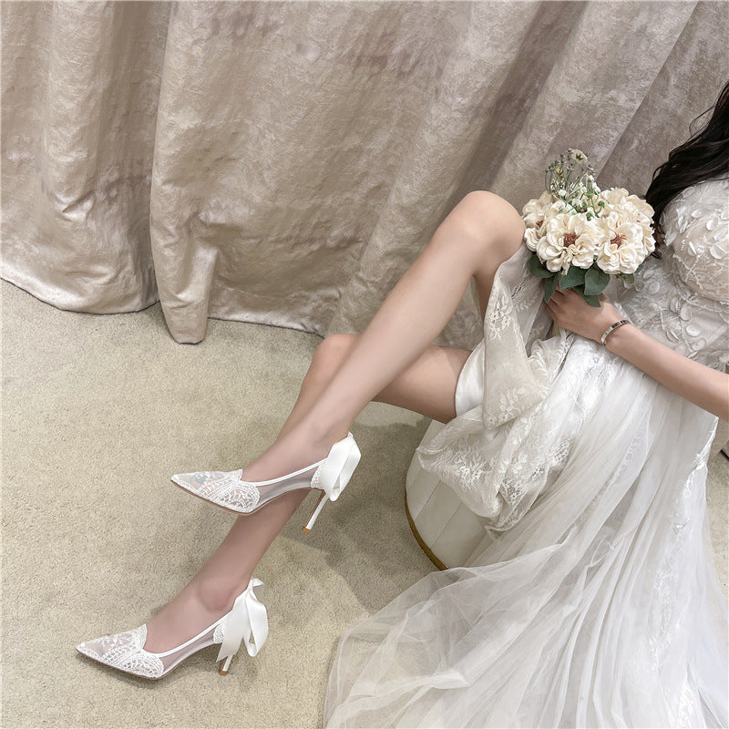 Pointed Toe Boho Bridal Lace High Heels