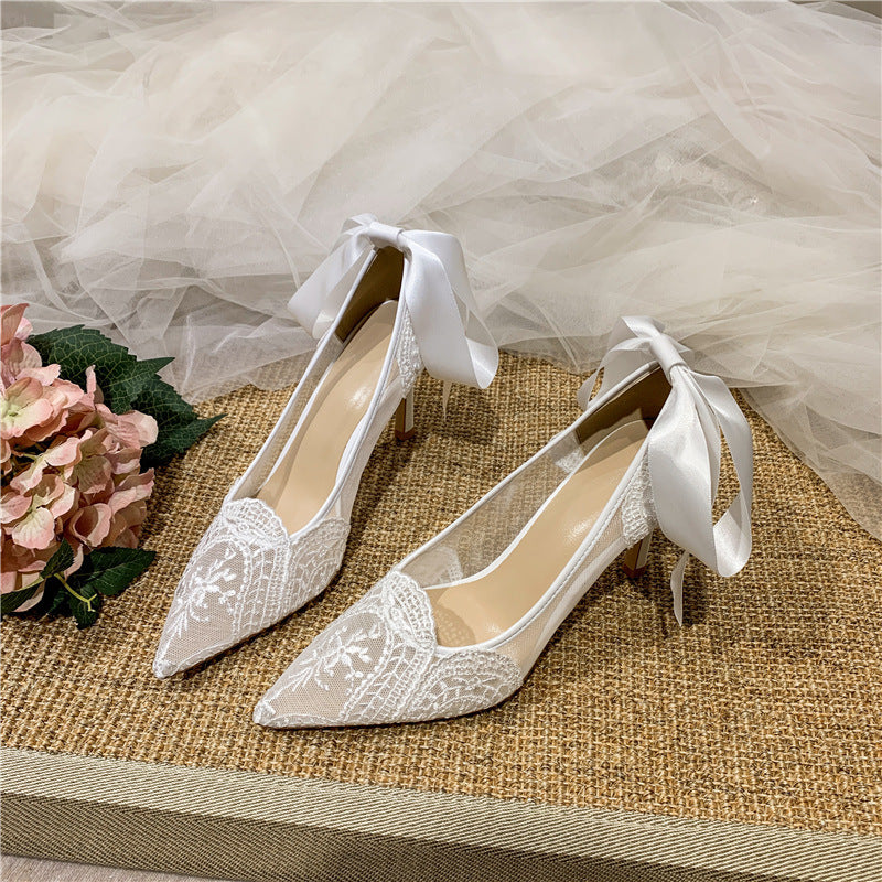 sheer Pointed Toe Boho Bridal Lace High Heels