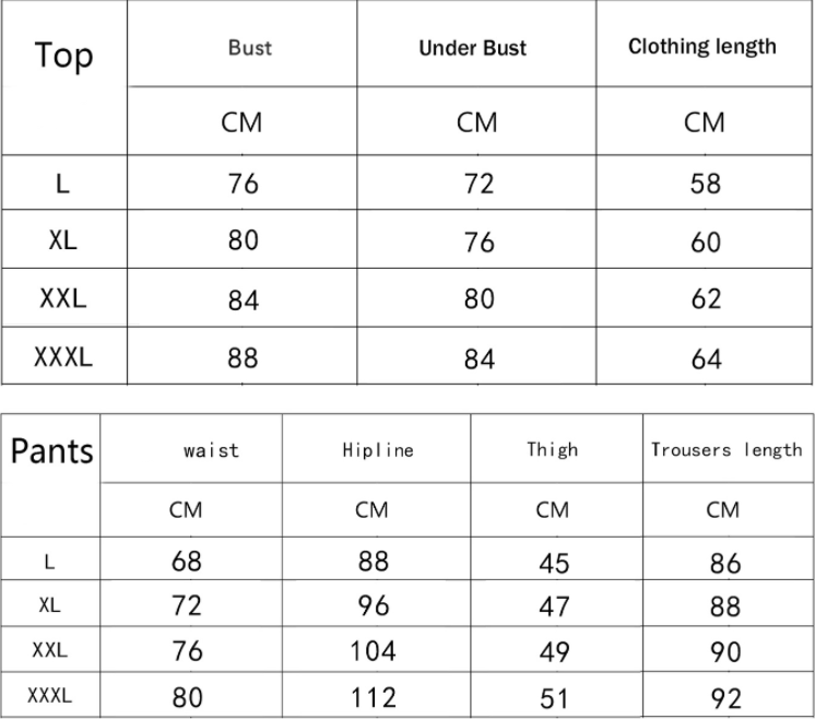 Measurement chart for tops and pants with size specifications in centimeters.