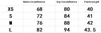 Skirt size chart with measurements and fabric information on a white background