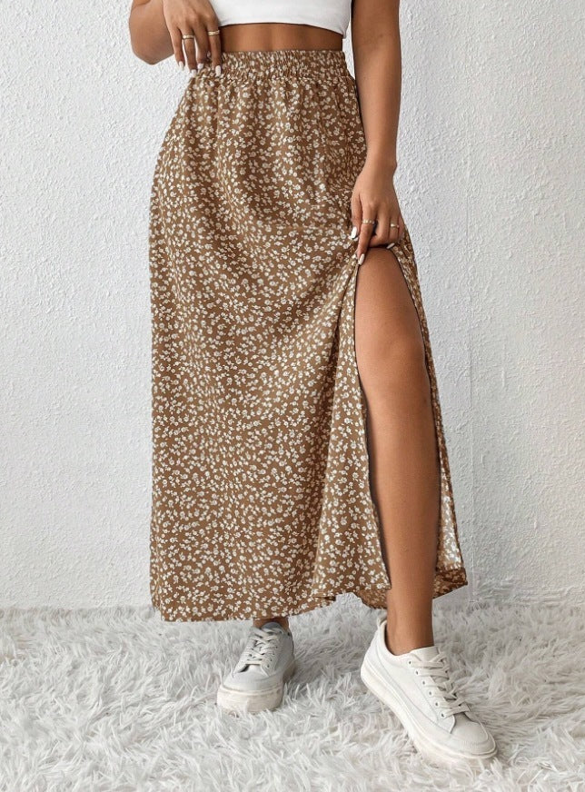 brown Printed Boho Maxi Skirt with Slit