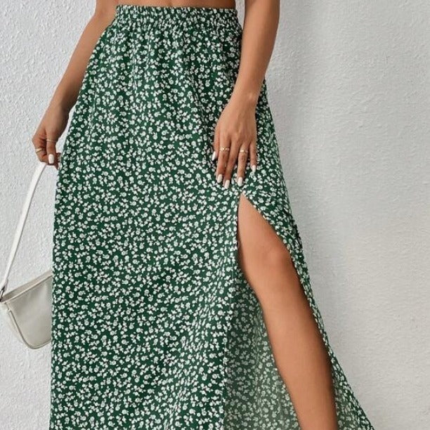 Printed Boho Maxi Skirt with Slit green